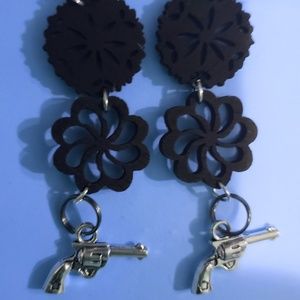 Black wood silver pistol earrings